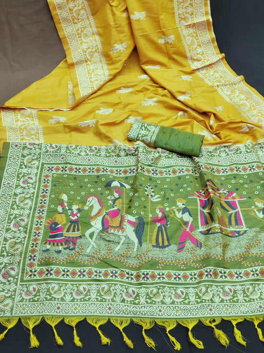Yellow Soft Raw Silk Two Tone Weaving Saree With Antique Design With Exclusive Contrast Woven Pallu And Contrast Blouse Piece
