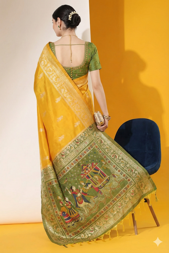 Yellow Soft Raw Silk Two Tone Weaving Saree With Antique Design With Exclusive Contrast Woven Pallu And Contrast Blouse Piece