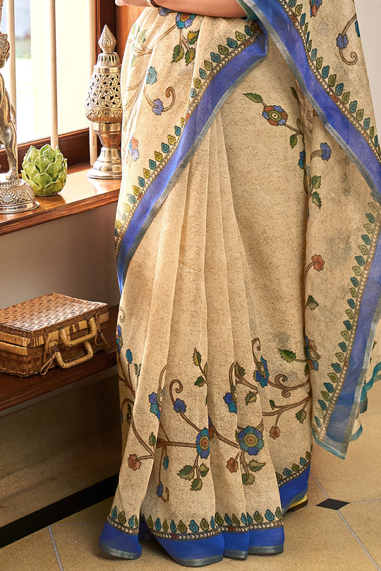 Cream Linen Blend Saree