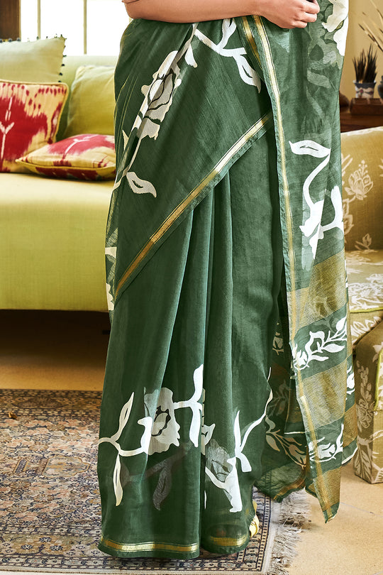 Forest Green Linen Blend Saree