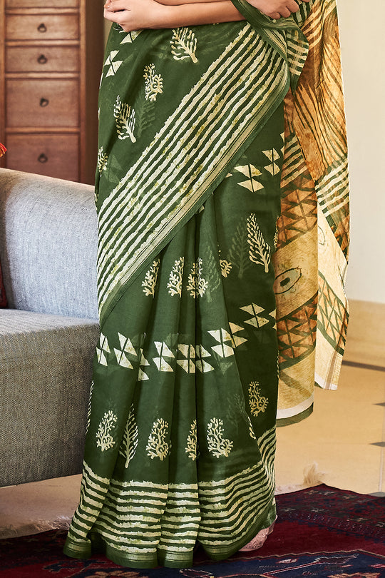Hunter Green Linen Blend Saree