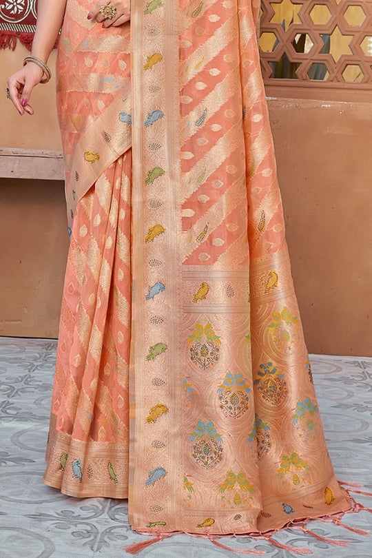 Salmon Peach Organza Saree