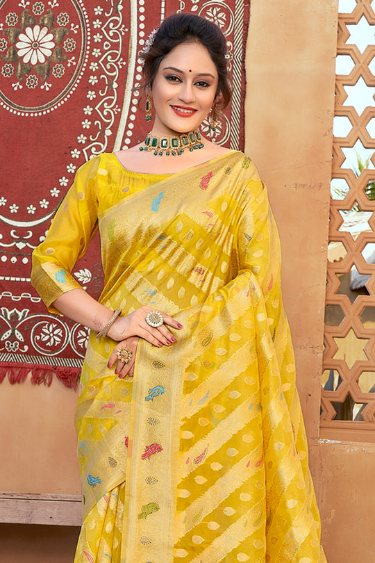 Lemon Yellow Organza Saree