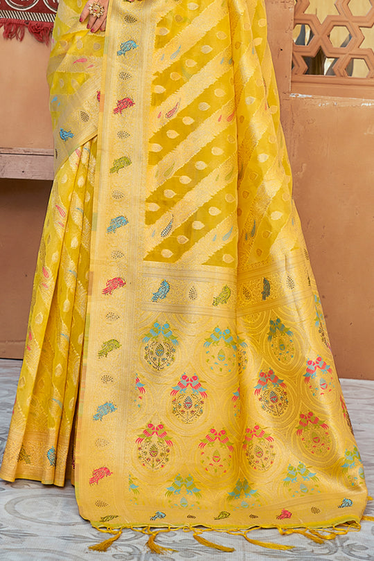 Lemon Yellow Organza Saree