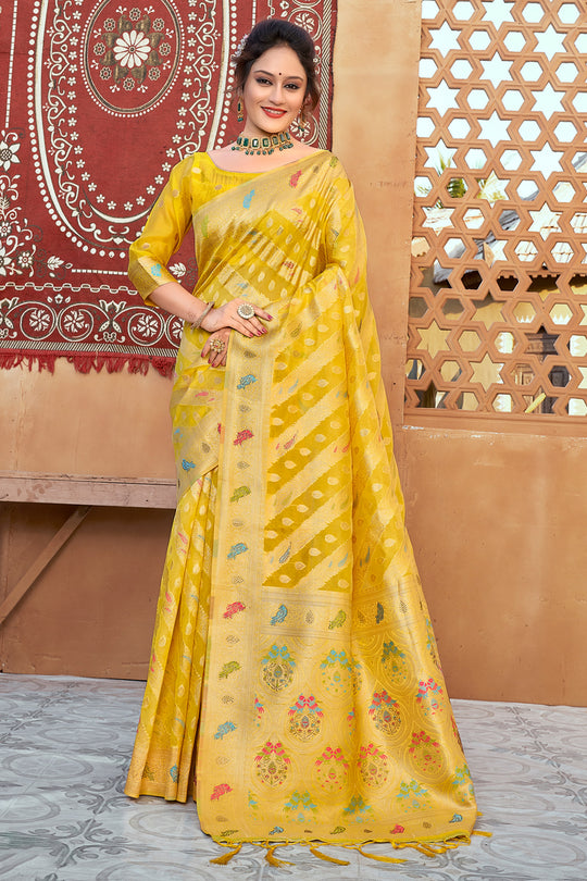 Lemon Yellow Organza Saree