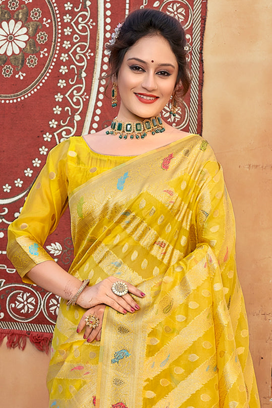 Lemon Yellow Organza Saree
