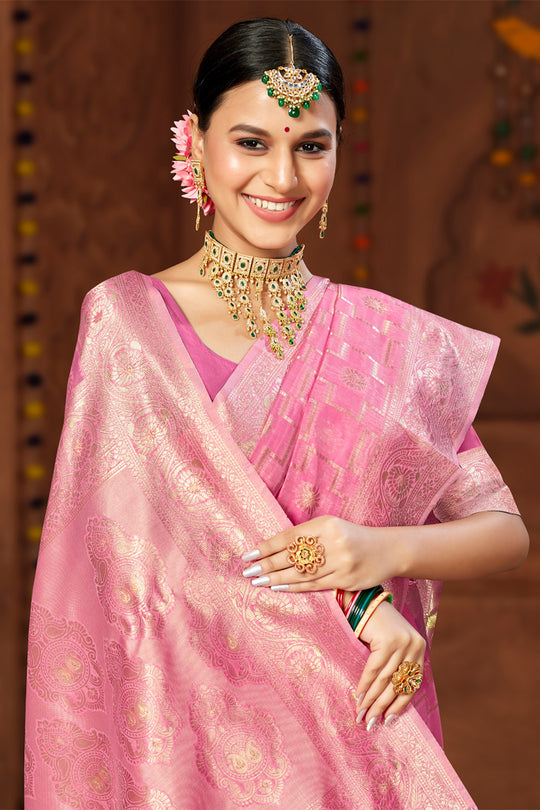 Pink Cotton Saree With Blouse Piece