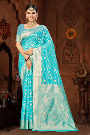 Sky Blue Cotton Saree With Blouse Piece