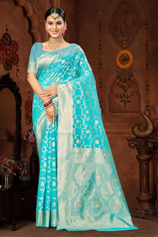 Sky Blue Cotton Saree With Blouse Piece