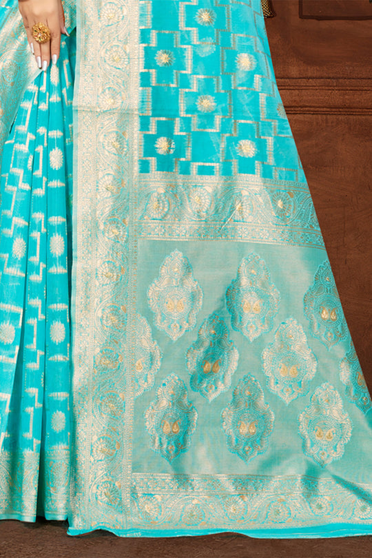 Sky Blue Cotton Saree With Blouse Piece