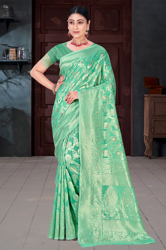 Sea Green Cotton Saree With Blouse Piece