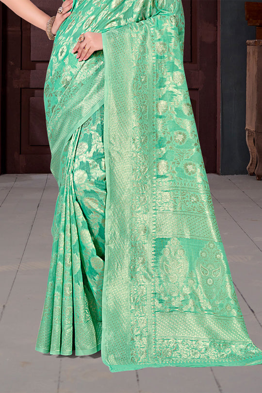 Sea Green Cotton Saree With Blouse Piece