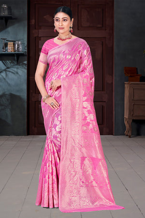 Pink Cotton Saree With Blouse Piece