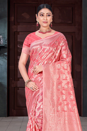 Peach Cotton Saree With Blouse Piece