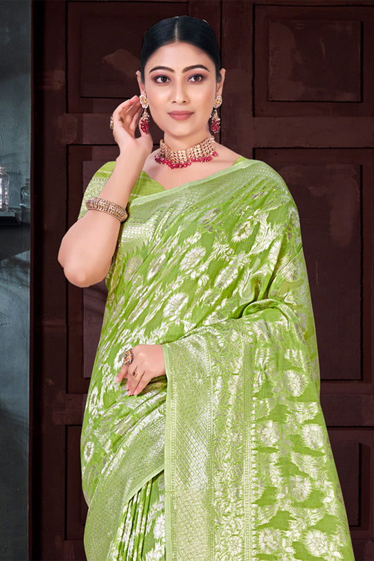Green Cotton Saree With Blouse Piece