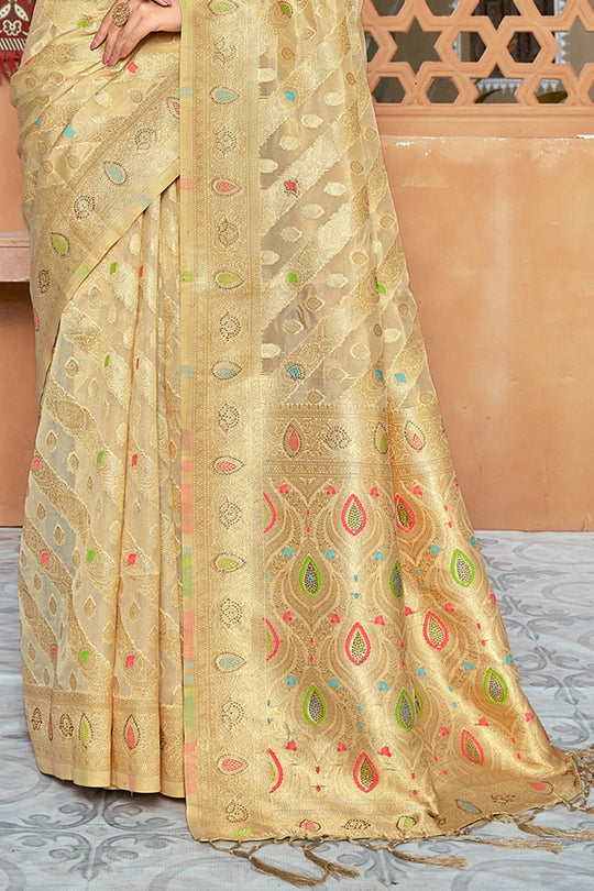Tan Beige Organza Saree