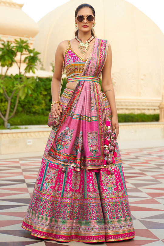 Fusion Pink Silk Lehenga Choli (Semi-Stitched)