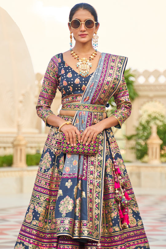 Dark Blue Silk Lehenga Choli (Semi-Stitched)