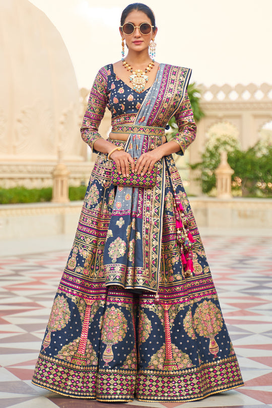 Dark Blue Silk Lehenga Choli (Semi-Stitched)