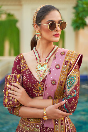 Dark Maroon Silk Lehenga Choli (Semi-Stitched)