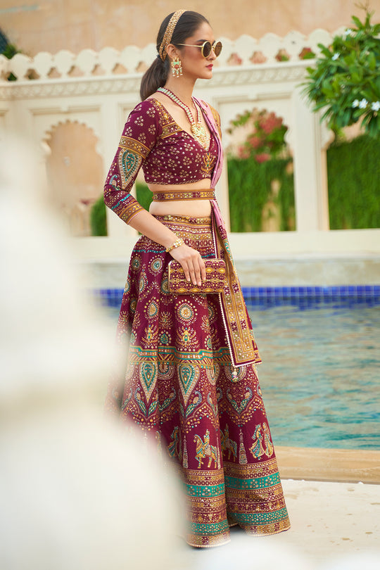 Dark Maroon Silk Lehenga Choli (Semi-Stitched)