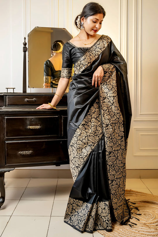 Black Raw Silk Saree With Blouse Piece