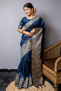 Blue Raw Silk Saree With Blouse Piece