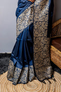 Blue Raw Silk Saree With Blouse Piece