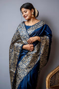Blue Raw Silk Saree With Blouse Piece