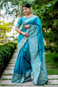 Firozi Blue Raw Silk Saree With Blouse Piece