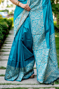 Firozi Blue Raw Silk Saree With Blouse Piece