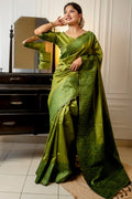 Olive Raw Silk Saree With Blouse Piece