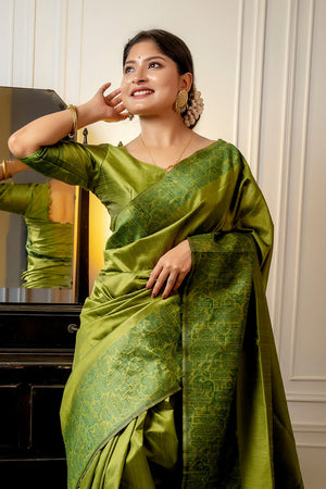 Olive Raw Silk Saree With Blouse Piece
