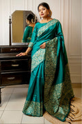 Rama Green Raw Silk Saree With Blouse Piece