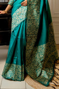 Rama Green Raw Silk Saree With Blouse Piece