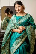 Rama Green Raw Silk Saree With Blouse Piece