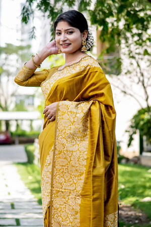 Mustard Yellow Raw Silk Saree With Blouse Piece