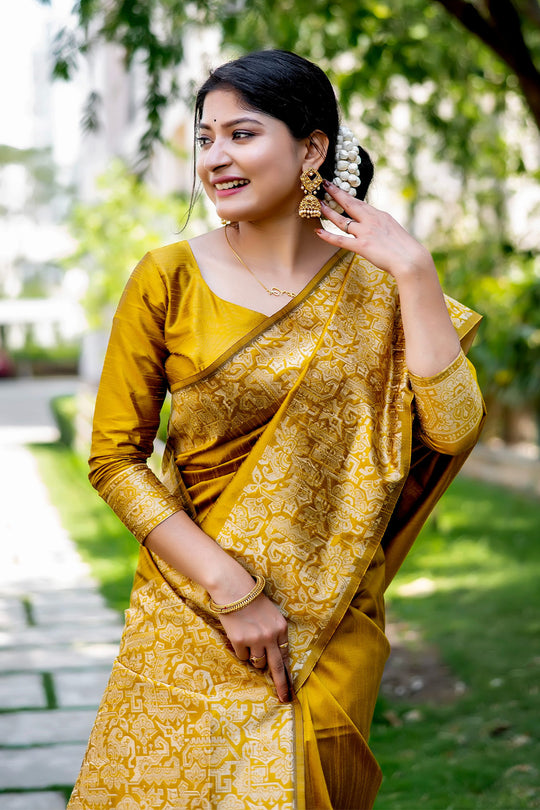 Mustard Yellow Raw Silk Saree With Blouse Piece