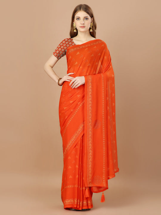 Orange  Georgette Festive Wear Saree With Blouse Piecde