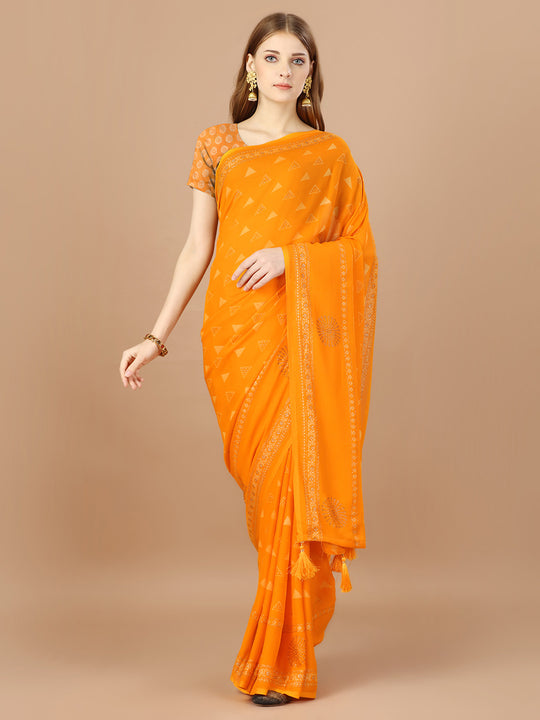 Yellow  Georgette Festive Wear Saree With Blouse Piecde