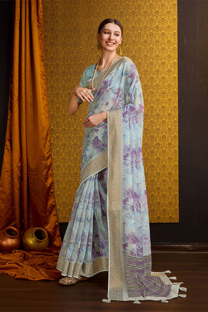 Sky Blue Cotton Saree With Blouse Piece