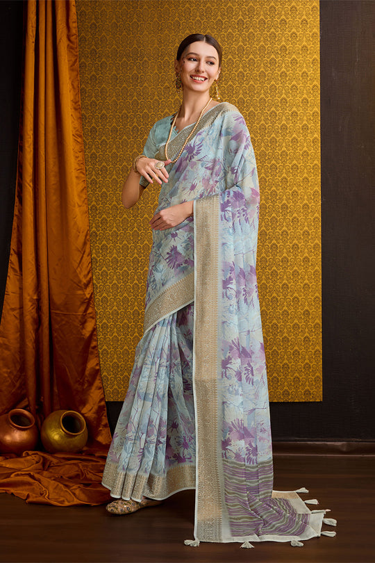 Sky Blue Cotton Saree With Blouse Piece