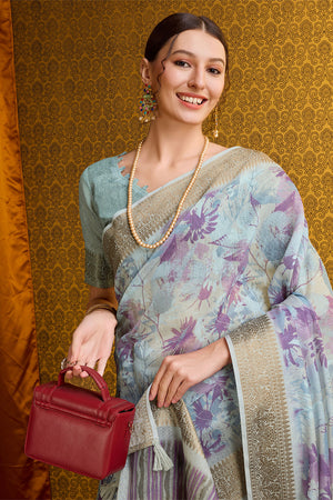 Sky Blue Cotton Saree With Blouse Piece