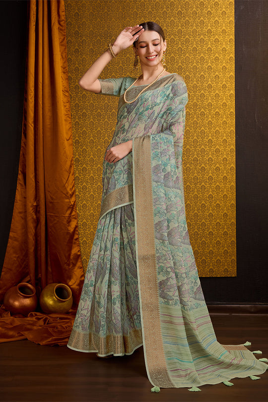 Green Cotton Saree With Blouse Piece