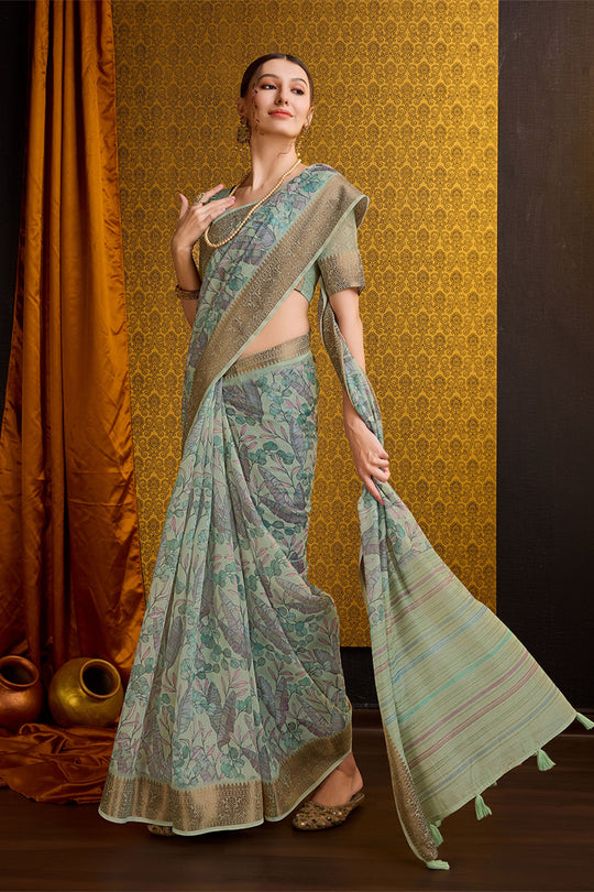 Green Cotton Saree With Blouse Piece