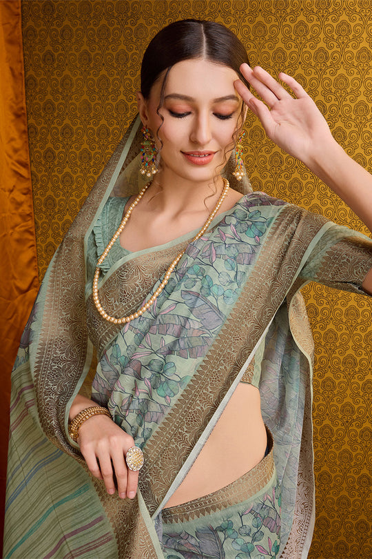 Green Cotton Saree With Blouse Piece