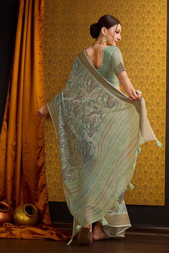 Green Cotton Saree With Blouse Piece