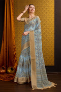 Blue Cotton Saree With Blouse Piece