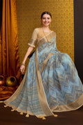 Blue Cotton Saree With Blouse Piece