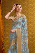 Blue Cotton Saree With Blouse Piece